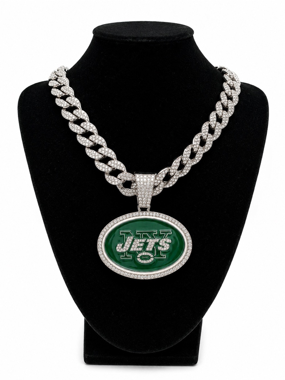 NFL New York Jets Iced Out Cuban Link Chain Football Pendant Necklace